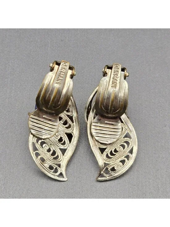 Vintage West German Silver Filigree Clip On Earrings Blue Art Glass 1950s - Picture 5 of 10